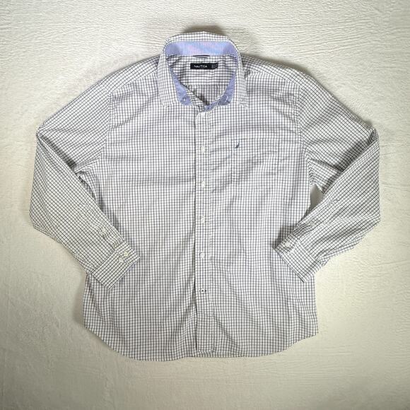 Nautica Men's Dress Shirt White Black & Blue Checkered Grid Pattern XXL Preppy - Picture 1 of 8